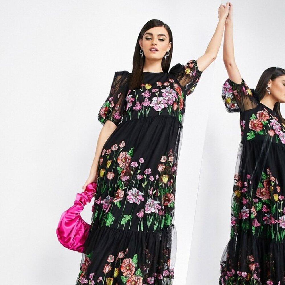 ASOS EDITION Embroidered trapeze maxi dress with puff sleeves Holiday